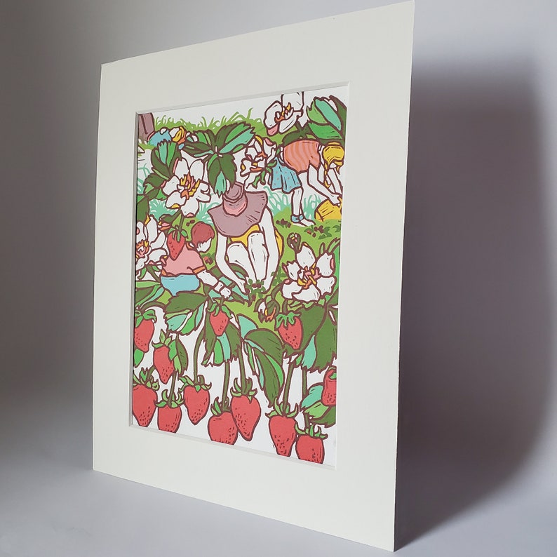 May include: A colorful illustration of people picking strawberries in a field. The illustration features red strawberries, green leaves, and pink flowers.