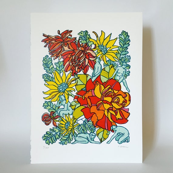 Botanical Linocut Print Wall Art, Orange Flower Bedroom Wall Art Print, Teal Living Room Wall Décor, Linoprint Rose Framed Botanical Print