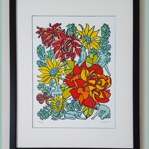May include: A framed print of a colorful illustration featuring a bouquet of flowers with stylized human figures in a garden setting. The flowers are red, yellow, orange, and green. The figures are blue. The print is signed "K.D.Dunn" and dated "74/30".