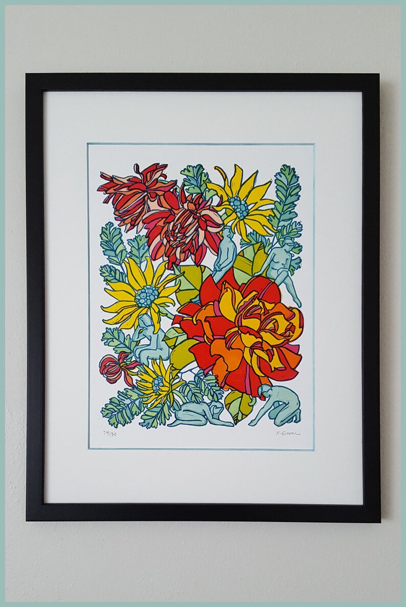 May include: A framed print of a colorful illustration featuring a bouquet of flowers with stylized human figures in a garden setting. The flowers are red, yellow, orange, and green. The figures are blue. The print is signed "K.D.Dunn" and dated "74/30".