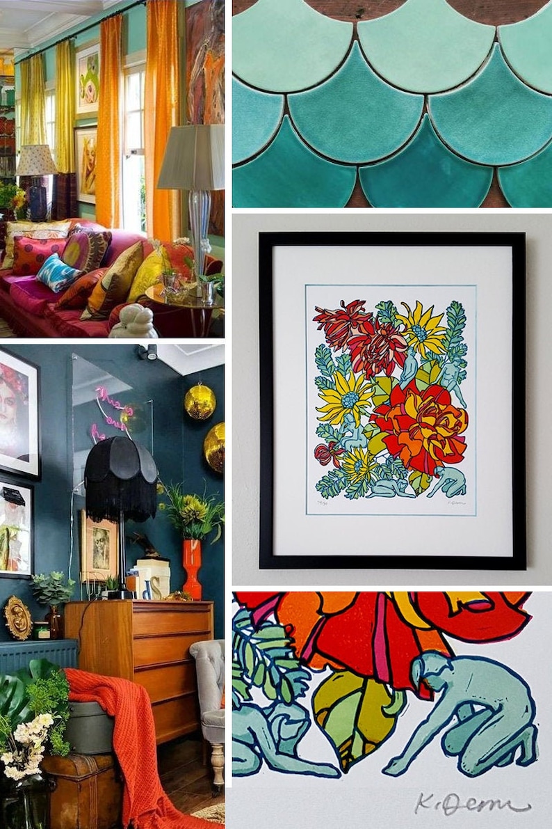 May include: A collage of images featuring a living room with a pink couch and colorful pillows, a teal scale pattern tile, a framed print of a colorful floral design with the text "The Garden" and a signature, and a close-up of a colorful illustration of a flower with the text "K.Oem."