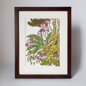 May include: A framed illustration of a forest scene with a large tree trunk, ferns, and a cluster of pink and white mushrooms. Small figures are dancing in the foreground.