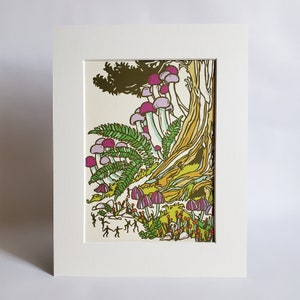 May include: A whimsical illustration of a forest scene with a large tree trunk, purple and white mushrooms, and green ferns. Tiny figures are scattered throughout the scene.