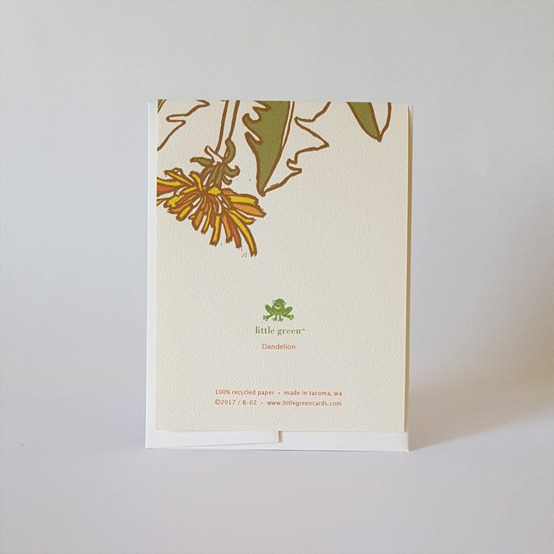 May include: A white card with a green frog logo and the text "little green" and "Dandelion". The back of the card has a dandelion illustration and the text "100% recycled paper - made in Tacoma, WA &copy;2017 / 8-02 - www.littlegreencards.com"