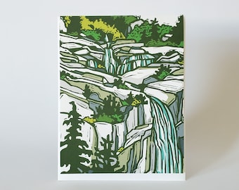 Mountain Waterfall Blank Notecard, Summer Mountain Landscape Greeting Card Set, Summer Hiking Art Note Card, Landscape Blank Linocut Card
