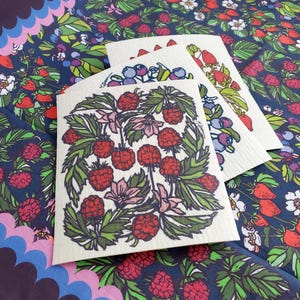 Puede incluir: Tres paños de limpieza absorbentes con diseños de frutas. El paño delantero presenta una ilustración de frambuesas con bayas rojas, hojas verdes y flores rosas. Los otros paños tienen diseños de arándanos y fresas. El fondo es un estampado floral azul oscuro.