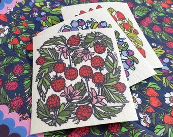 Framboos Aardbei Bosbes Zweedse vaatdoek set van 3, zomerbes milieuvriendelijke vaatdoekset met bijpassende katoenen keukenhanddoek