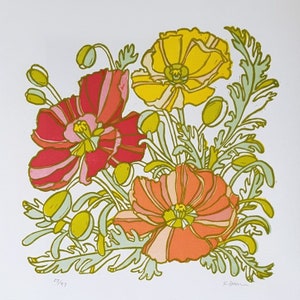May include: A vintage style print of a bouquet of red, orange, and yellow poppies with green leaves. The print is signed "K. Deen" and dated "03/97".