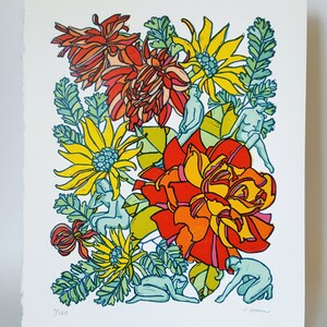 May include: A colorful linocut print featuring a bouquet of flowers with stylized human figures. The flowers are in shades of red, orange, yellow, and green. The figures are in shades of blue and green. The print is signed "K. Dream" and numbered "1/130".
