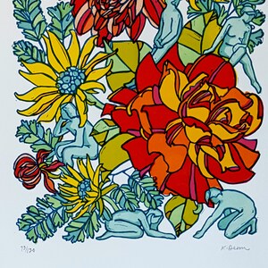 May include: A colorful illustration of a floral bouquet with figures in a whimsical style. The bouquet features a large red and orange rose, a yellow sunflower, and a blue flower. The figures are depicted in a stylized, cartoon-like manner.
