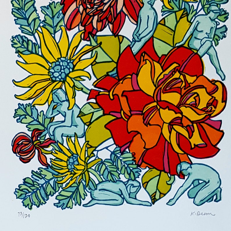 May include: A colorful illustration of a floral bouquet with figures in a whimsical style. The bouquet features a large red and orange rose, a yellow sunflower, and a blue flower. The figures are depicted in a stylized, cartoon-like manner.