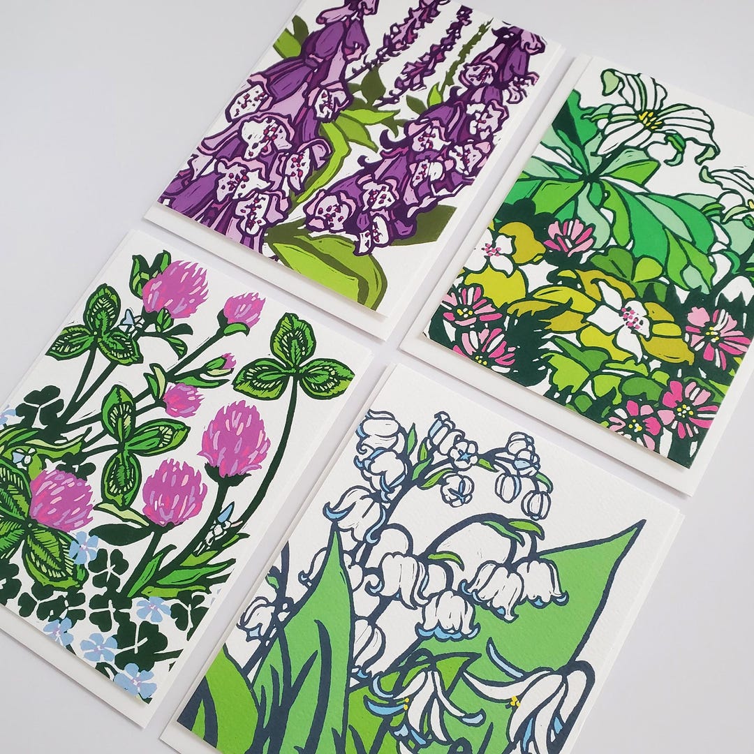 Linocut Notes Spring Woodland Flower Linocut Greeting Card Set of 8, Fine Art Blank ...