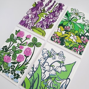 Frühling Waldblume Linoldruck Grußkarten Set von 8, Fine Art Blanko Grußkarten, verschiedene Native Floral handgefertigte leere Grußkarten