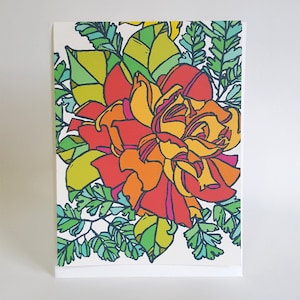 Biglietto d'auguri con rosa arancione. Biglietti d'auguri floreali con stampa linoleografica. Biglietti d'auguri con rosa bianca. Biglietto "Penso a te", biglietto "Mi manchi", biglietto di condoglianze.