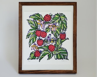 Raspberry Picking With Mama Linocut Art Print, Farm Lifestyle Small Wall Art, Original Art, Lino Cut Wall Decor, Baby Nursery 8x10 Artwork