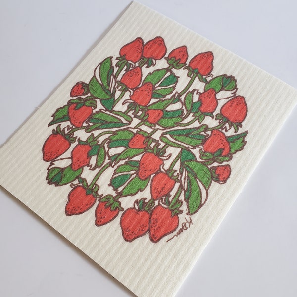 Strawberry Swedish Dish Cloth, Eco Friendly Kitchen Dish Cloth, Strawberry Print Eco Friendly Reusable Paper Towel, Zero Waste Gifts