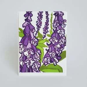 Carte de voeux vierge fleur de la digitale pourpre, jeu de cartes de correspondance linogravure de la digitale forêt printanière, jeu de 8 cartes de correspondance vierges Pâques printemps