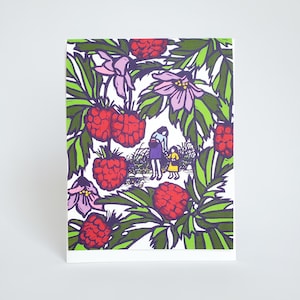 Frambozen plukken Moederdagkaart, Happy Mothers Day lege wenskaart, Moederdag notitiekaart voor dochter, eerste Moederdag kaart