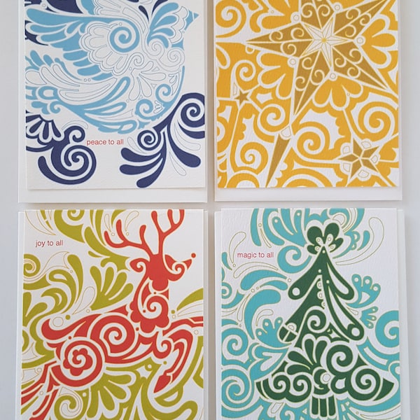 Folk Art Christmas Greeting Card Set, Peace Dove Christmas Card Pack, Assorted Holiday Note Card Set, Nordic Inspired Christmas Box Set