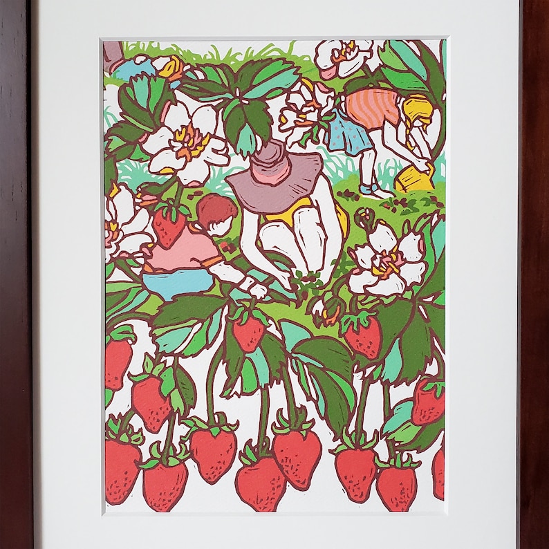 May include: A colorful illustration of people picking strawberries in a field. The illustration features red strawberries, green leaves, and white flowers. The people are wearing colorful clothing and are smiling.