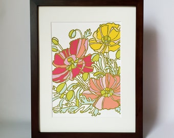 Small Botanical Art Print, 8x10 Small Wall Art, Original Linocut Print Reproduction, Icelandic Poppy Floral Artwork, Small Framed Wall Decor