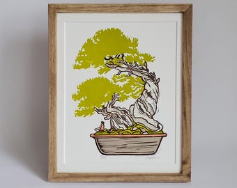Framed Original Bonsai Block Print, Small Original Artwork, Bonsai Linocut Print, Japanese Art Print, Meditation Art Print, Art Gifts