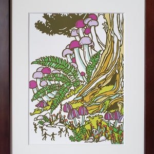 May include: A colorful illustration of a forest scene with a large tree trunk, green ferns, and pink and purple mushrooms. Small figures are dancing in the foreground.