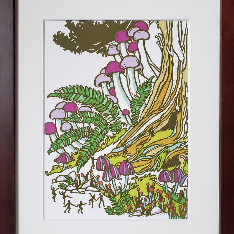 May include: A colorful illustration of a forest scene with a large tree trunk, green ferns, and pink and purple mushrooms. Small figures are dancing in the foreground.