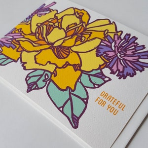 Carte de voeux de remerciement, carte florale faite main pensée de vous, jeu de cartes d'amitié pour femme, cartes linogravure botanique pour amis