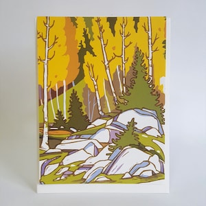 Juego de tarjetas de felicitación con grabado en linóleo de paisaje otoñal, juego de cartas para escribir notas con forma de árbol de álamo, tarjetas de condolencia en blanco con sobres, paquete de tarjetas en blanco