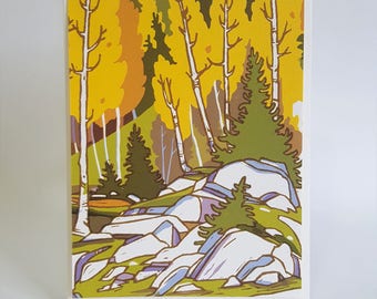 Fall Landcape Linocut Greeting Card Set, Aspen Tree Notecard Letter Writing Set, Blank Sympathy Note Cards with Envelopes, Blank Card Pack
