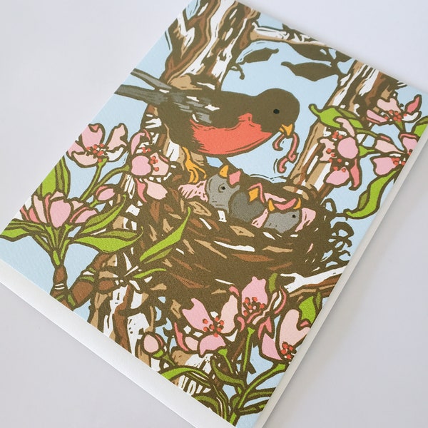 Mama Robin Bird Greeting Card for Mother's Day, Mother Robin with Baby Birds Blank Notecard, Mama Robin Baby Shower Greeting Card, Baby Card