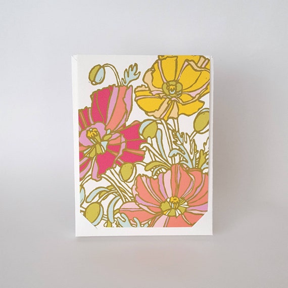 Poppy Flower Blank Note Cards with Envelopes, Floral Linocut Nature Notecard Set, Letter Writing Greeting Card Set, Blank Card Set