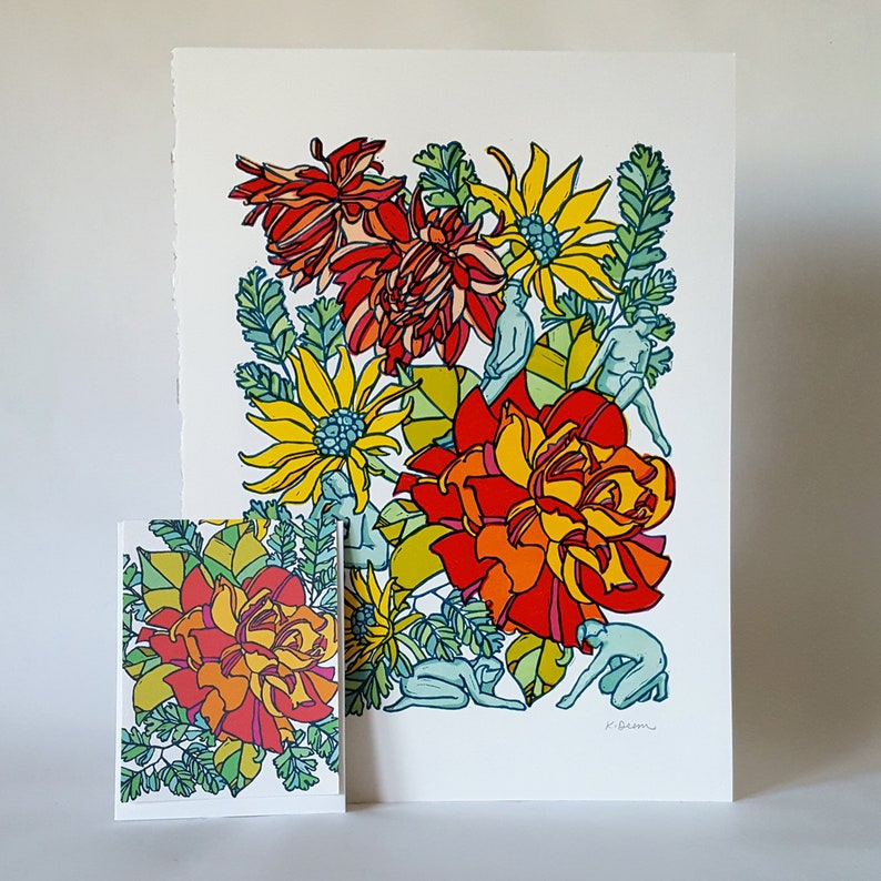 May include: A colorful illustration of a bouquet of flowers with red, yellow, and orange petals. The flowers are surrounded by green leaves and blue figures. The artwork is signed "K. Bloom".