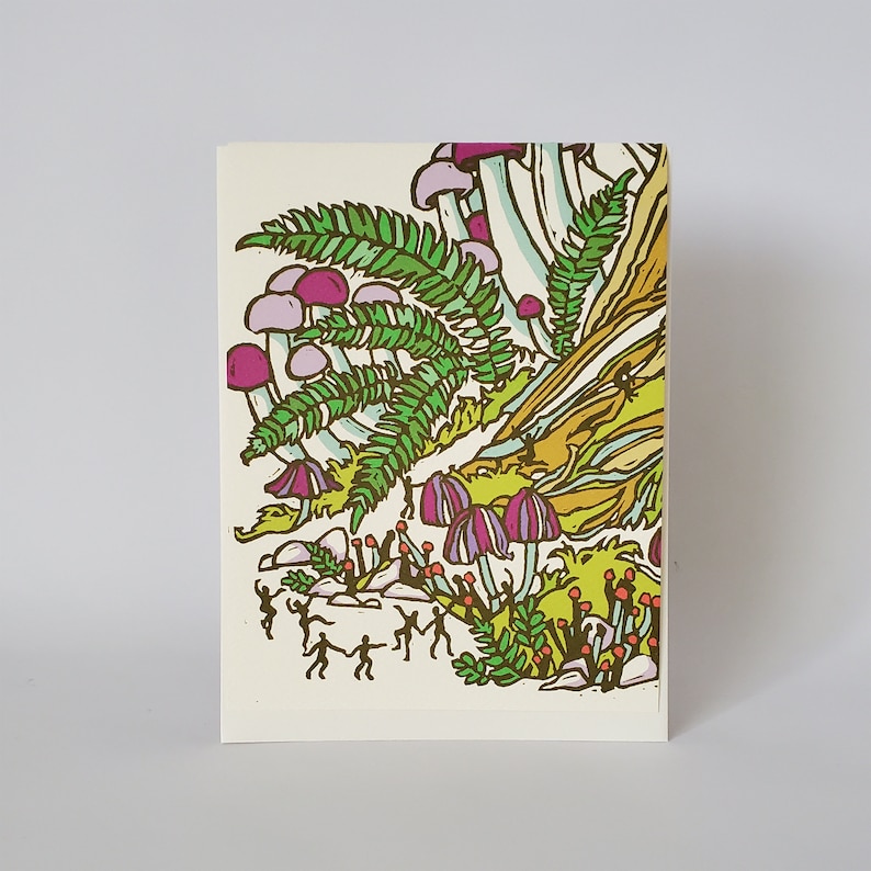 May include: A whimsical illustration of a forest scene with mushrooms, ferns, and tiny figures dancing in a circle. The mushrooms are pink and white with green stems, and the ferns are a vibrant green. The figures are small and stylized, with simple lines and shapes.