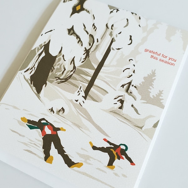 Grateful for You Holiday Greeting Card, Winter Scene Christmas Cards Boxed, Linocut Holiday Card Set, Winter Landscape Christmas Card Pack