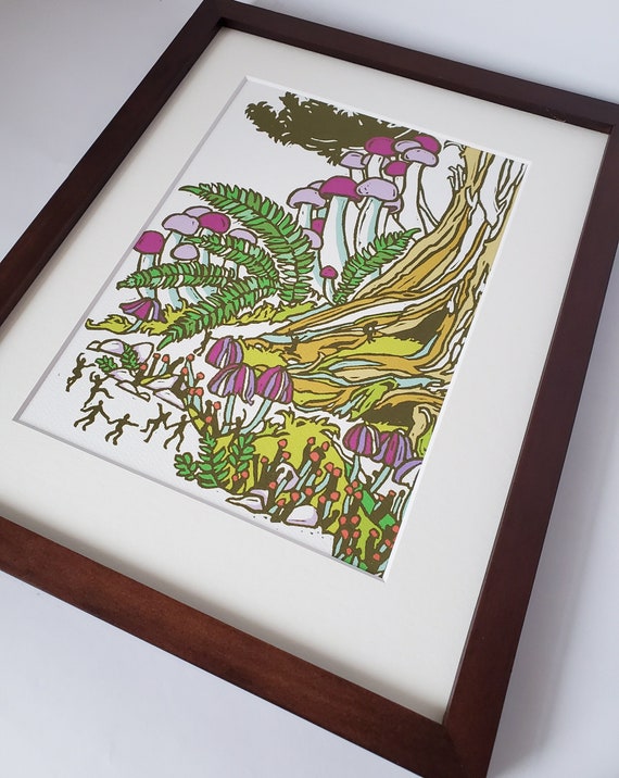 Small Mushroom Art Print, 8.5x11 Small Wall Art Fall Décor, Original Linocut Print Reproduction, Mushroom Tree Fairyland Scene Artwork