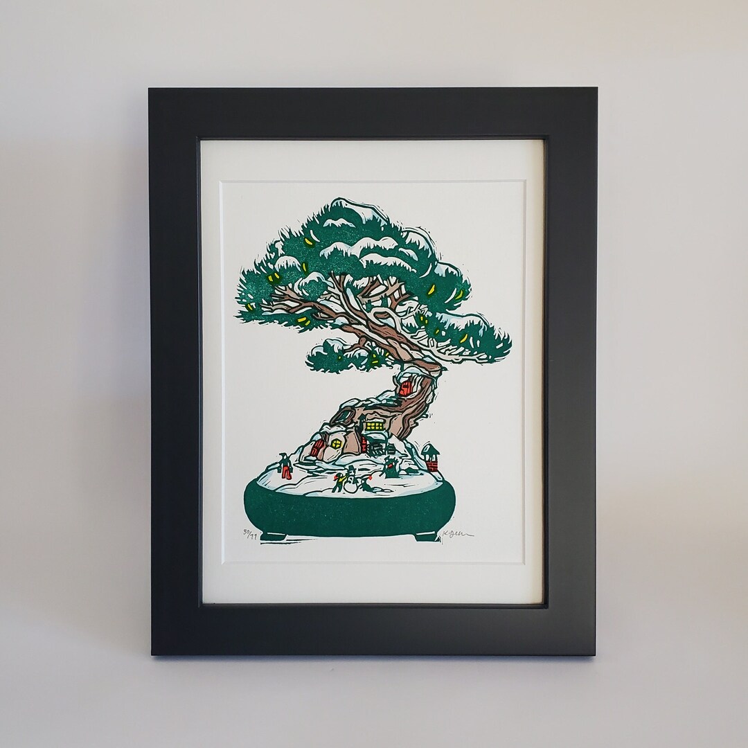 Framed Bonsai Original Block Print, Small Christmas Original Artwork