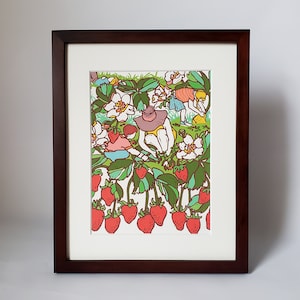 Kleine Erdbeere Kunstdruck, 8,5 x 11, kleine gerahmte Wanddekoration, Erdbeere Kinderzimmer Wandkunst, Babyparty Geschenkideen, neues Muttertagsgeschenk