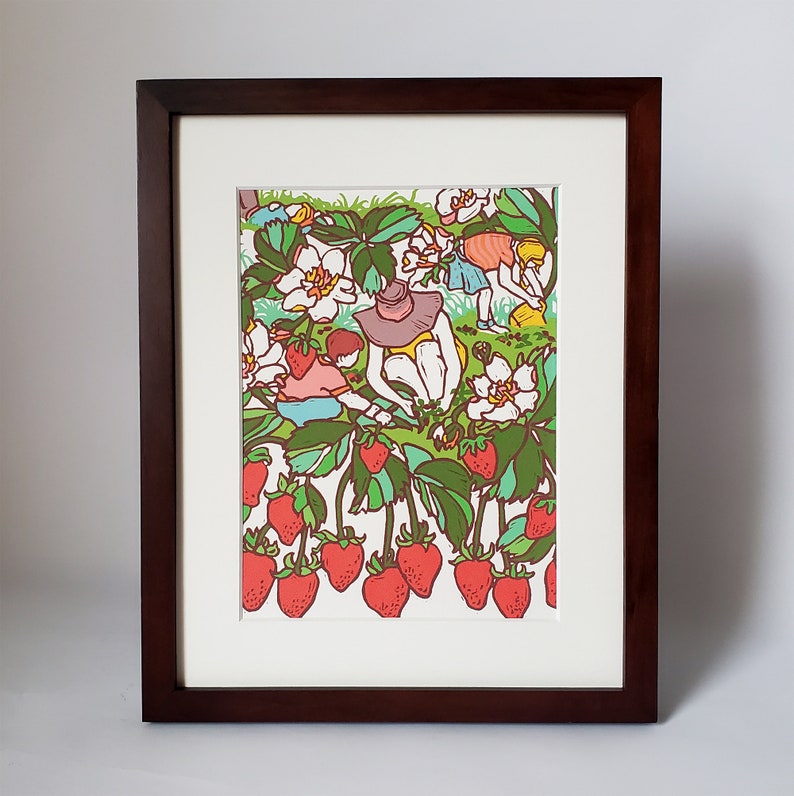 May include: A framed illustration of people picking strawberries in a field. The illustration is done in a colorful cartoon style with a white background.
