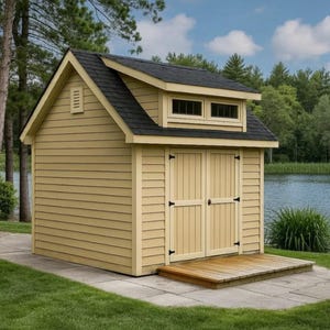 Può includere: Un piccolo capannone in legno giallo chiaro con tetto nero e terrazzino. Il capannone ha due porte e una piccola finestra al piano superiore. È circondato da erba verde e alberi, con un lago sullo sfondo.