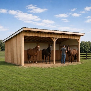 May include: A wooden horse run-in shed with a dark metal roof, featuring vertical board siding and an open front design. Inside the structure, two horses stand on the dirt floor, while a third horse is being led by a person in blue jeans.