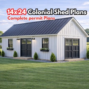 May include: A white colonial shed with a black roof and black doors and windows. The shed has a gable roof and is surrounded by green grass. The text "14x24 Colonial Shed Plans" is in red and black.