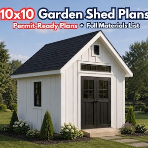 May include: A white garden shed with a black shingled roof and black double doors. The text 10x10 Garden Shed Plans Permit-Ready Plans + Full Materials List is displayed at the top of the image in red, white, and blue lettering.