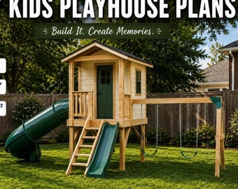 DIY Kids Playhouse Plans with Slide & Swing (PDF File) | Outdoor Wooden Playhouse | Backyard Kids Playground | Kids Playhouse Build Guide