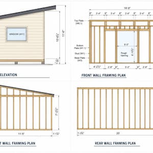 May include: Architectural blueprint showing a shed design with four views: left elevation, front wall framing plan, right wall framing plan, and rear wall framing plan. Includes detailed measurements in feet and inches for all structural components.
