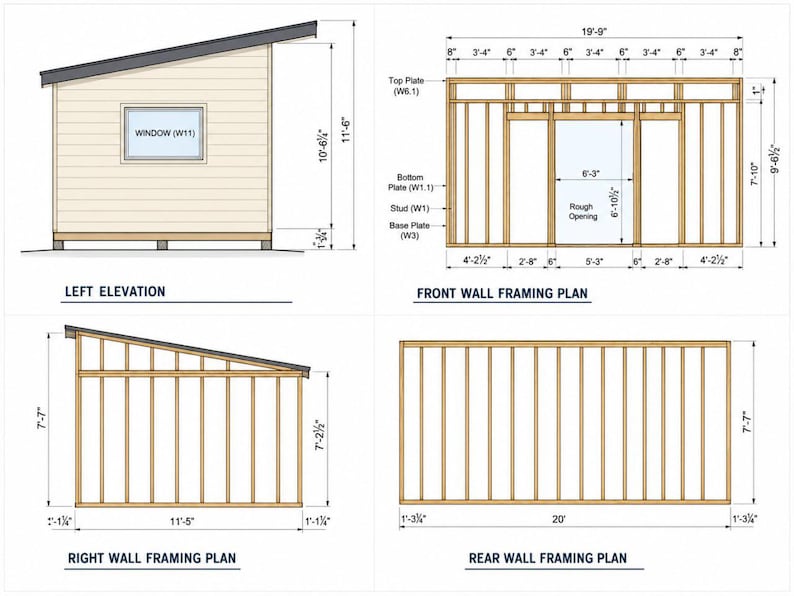 May include: Architectural blueprint showing a shed design with four views: left elevation, front wall framing plan, right wall framing plan, and rear wall framing plan. Includes detailed measurements in feet and inches for all structural components.