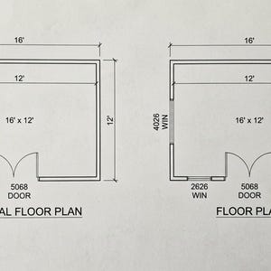 May include: Two architectural floor plans for a 16' by 12' structure. The left shows an optional floor plan with a 4026 window and 5068 door. The right shows a floor plan with a 4026 window, 5068 door, and two 2626 windows. Both include dimensions.