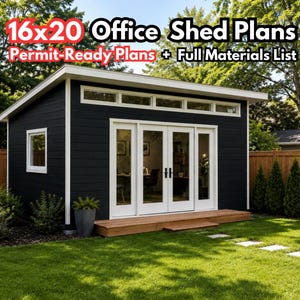May include: A black office shed with white trim, a flat roof, and a wooden deck. The structure features double glass doors, side windows, and a row of clerestory windows. Text reads: 16x20 Office Shed Plans, Permit-Ready Plans + Full Materials List.
