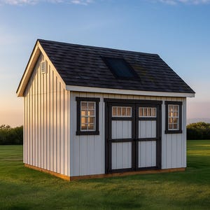 May include: A small, white shed with a dark gray shingled roof and black trim. The shed has a double door and two windows. It is set on a green lawn under a blue sky.
